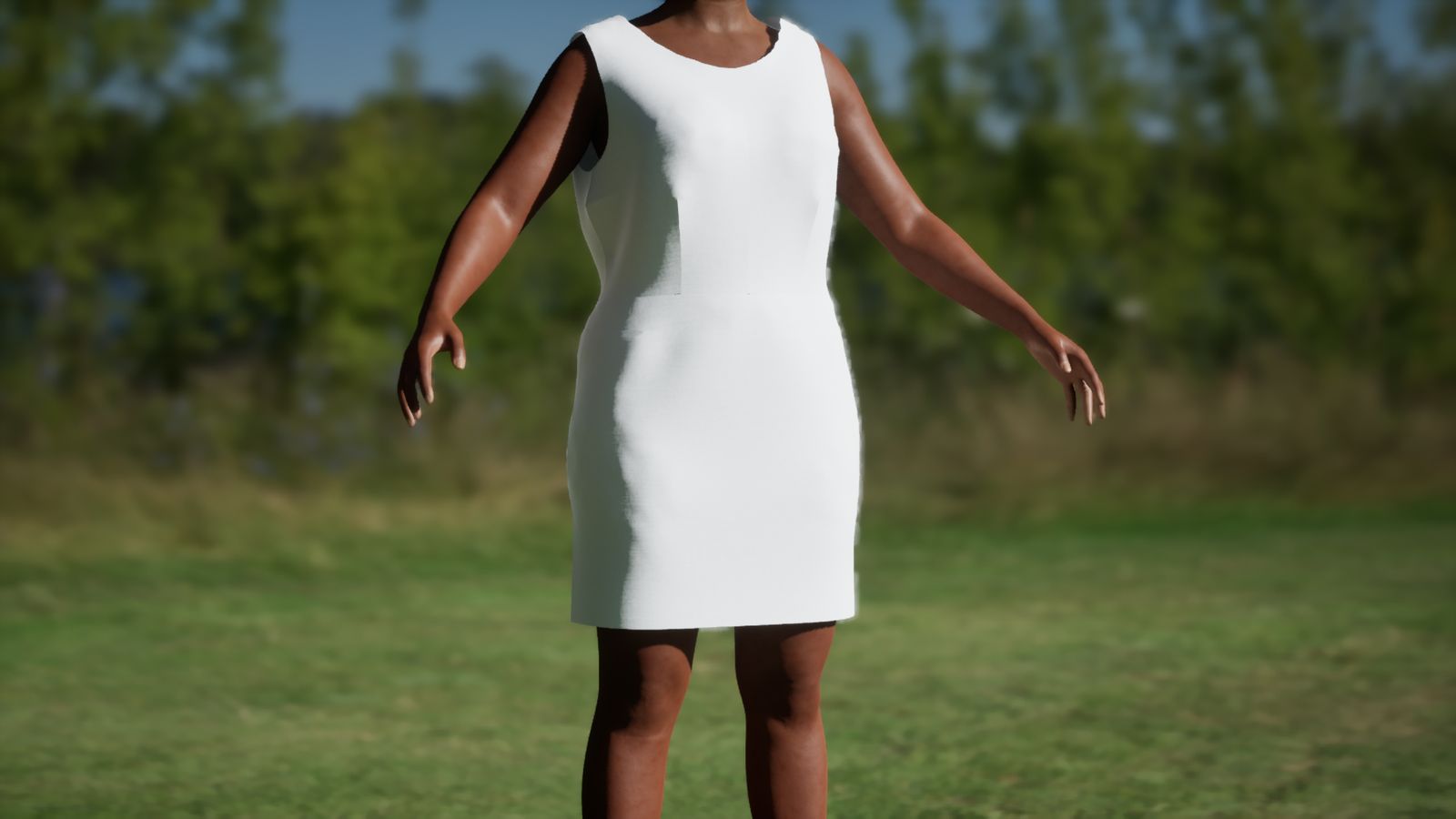 A sleeveless dress simulated as cloth on a digital body, standing in a sunlit meadow, rendered live in Unreal Engine.