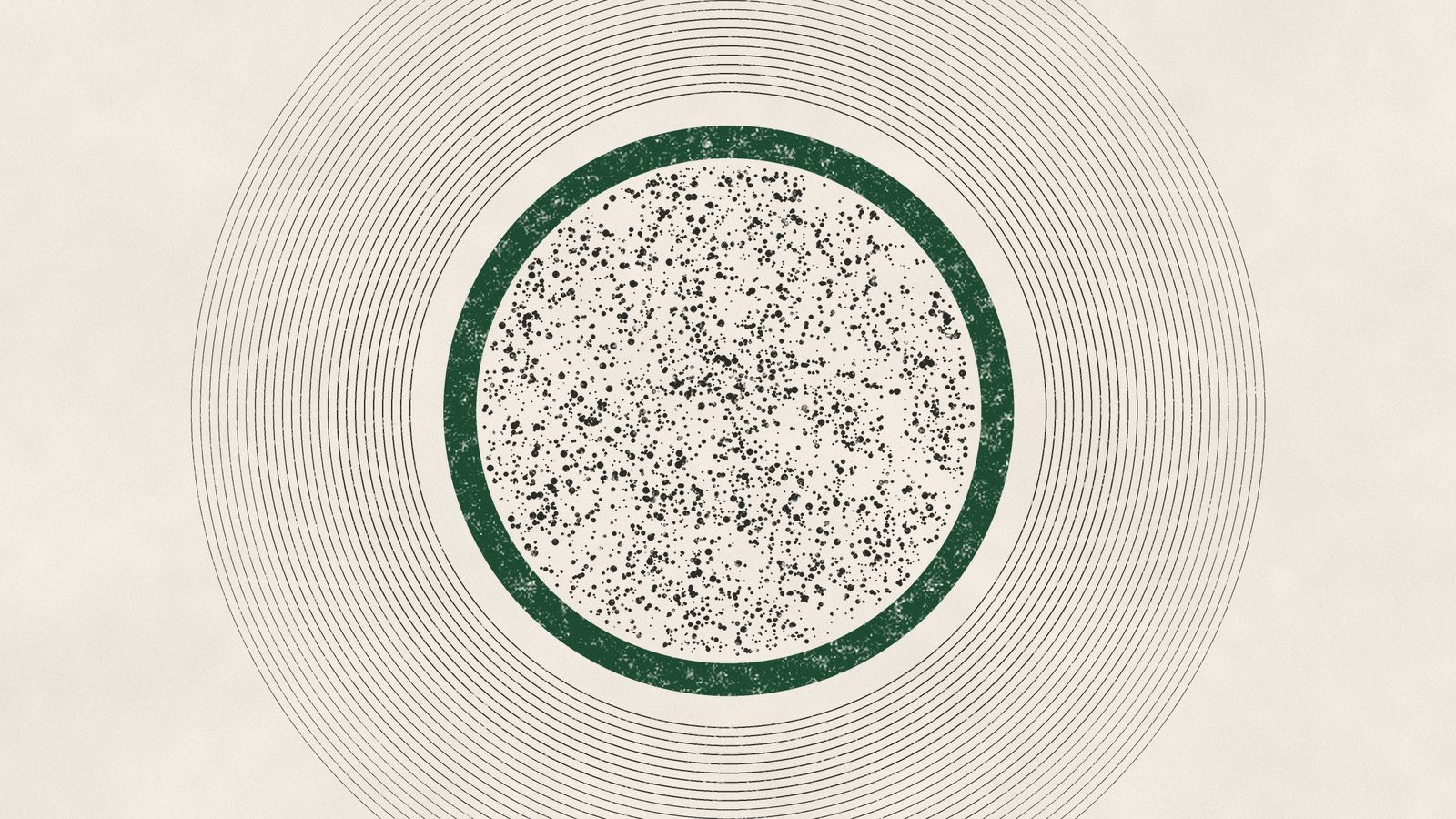 A dense scatter of particles inside a thick green ring, surrounded by fine concentric rings.