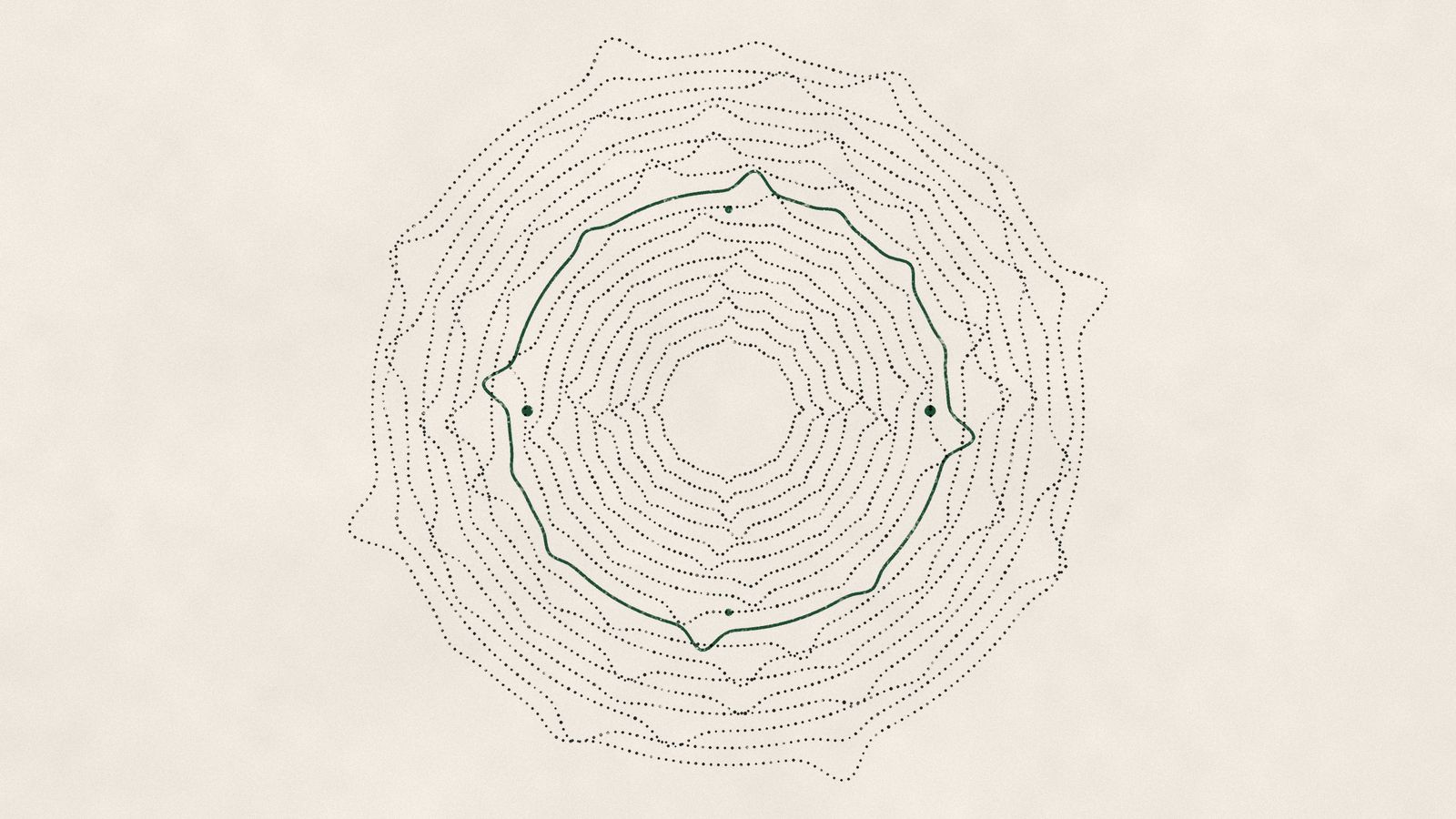 Dotted rings wound around a centre, each with the same beats as bumps; one ring is drawn solid in green.