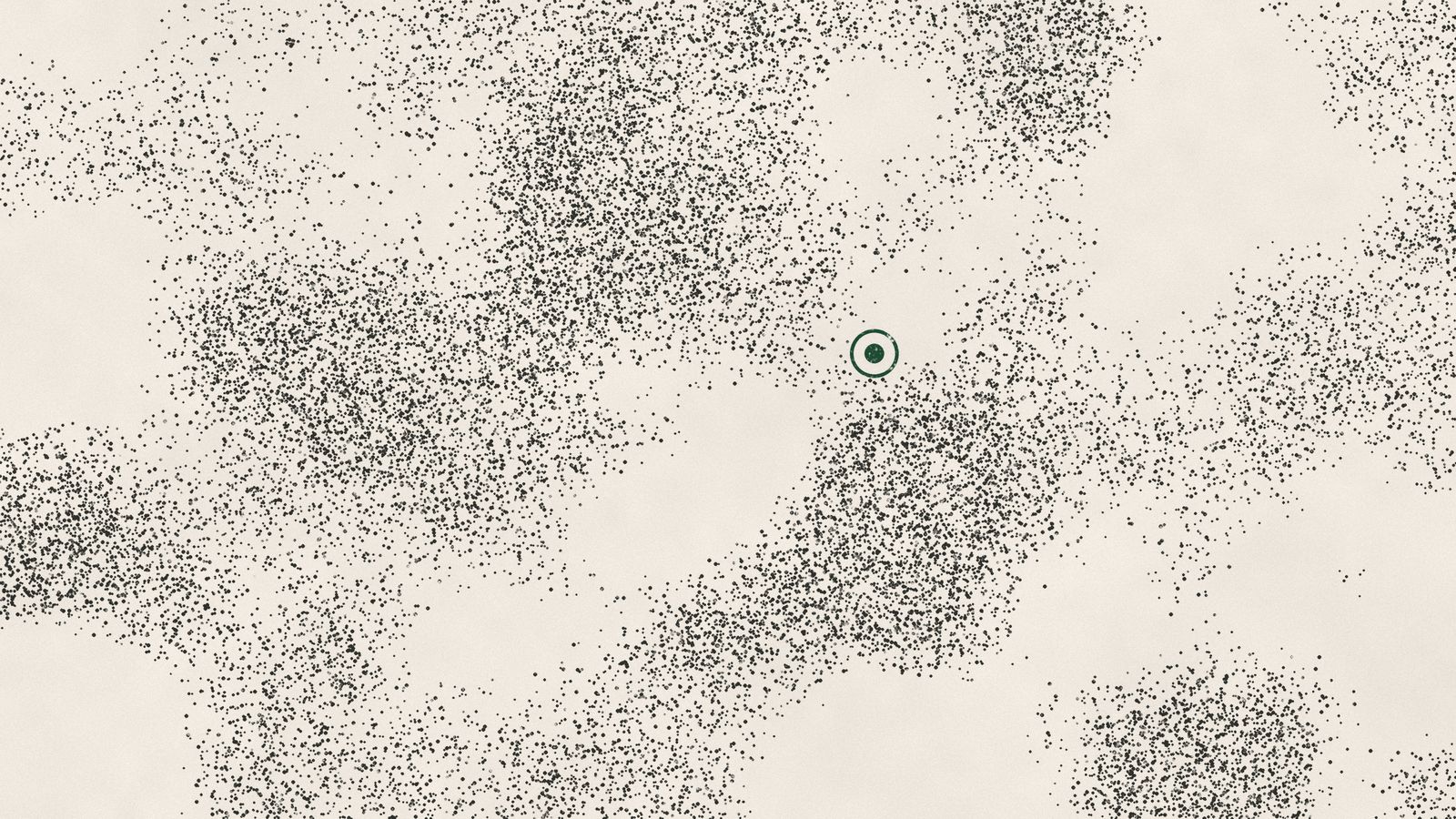 A field of thousands of dots in drifting clusters, with one point lit green inside a ring.