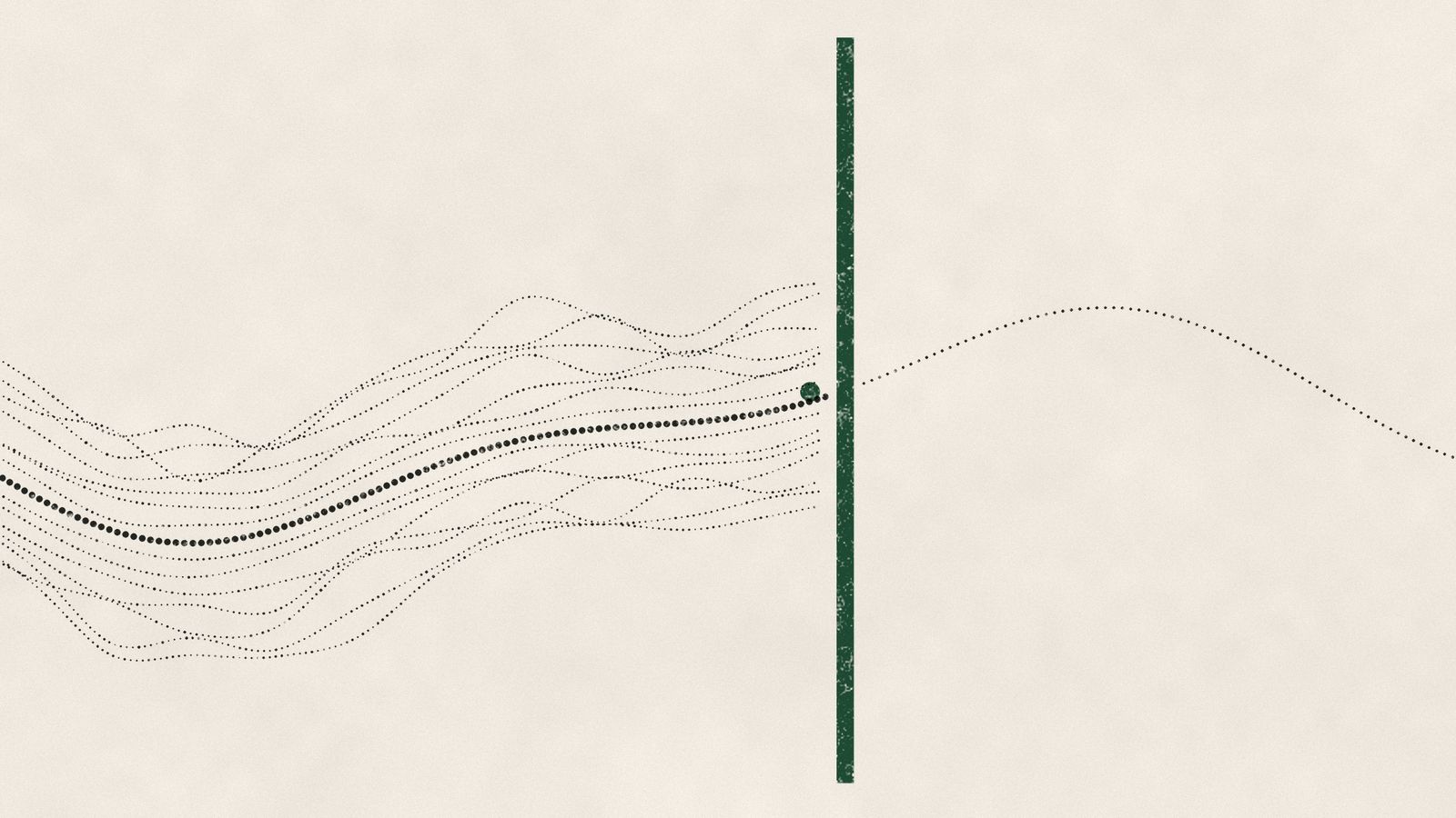 Dotted paths run left to right and stop at a green vertical gate; one bold path waits at a green dot before it.
