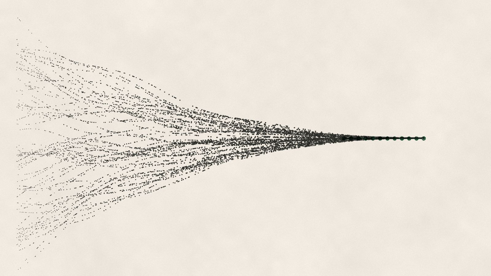 Scattered dotted runs converge from left to right into a single line that ends in green dots.