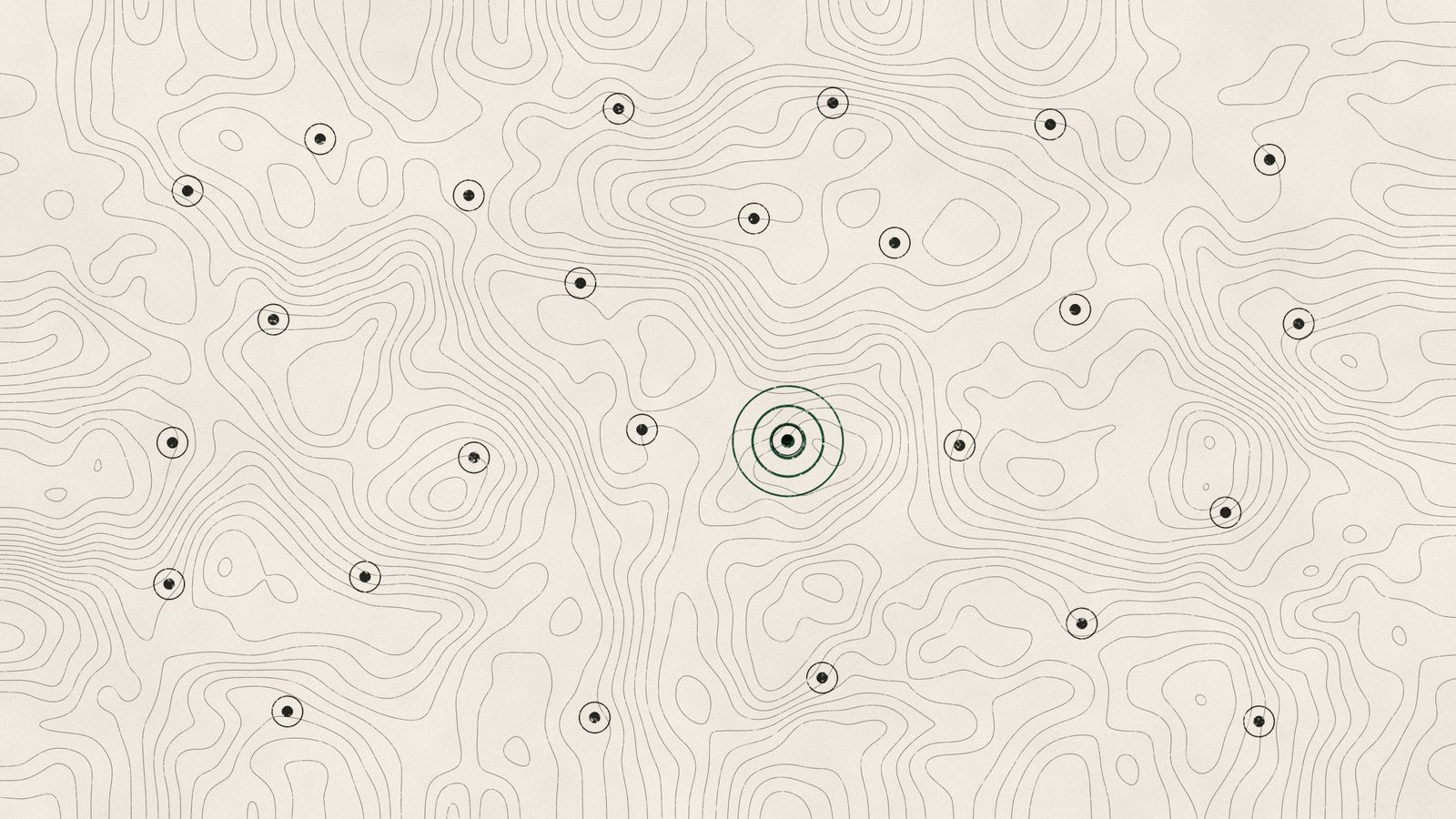 Fine contour lines with sparse ringed sample points; one point is marked in green with three rings.