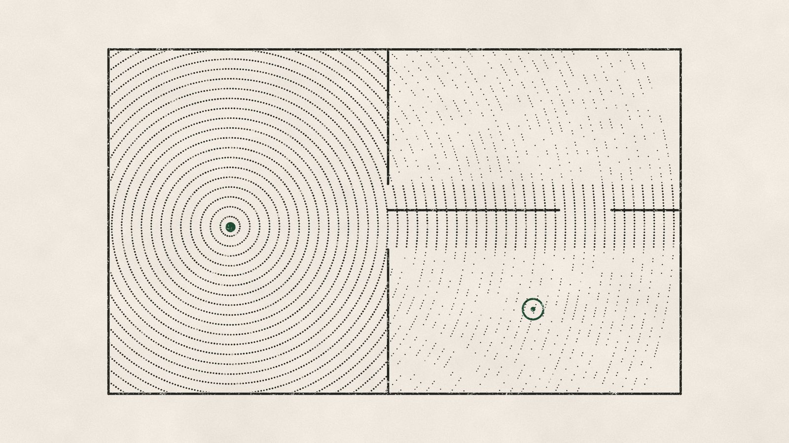A room plan with dotted ripples spreading from a green source, thinning past a wall towards a green listening point.